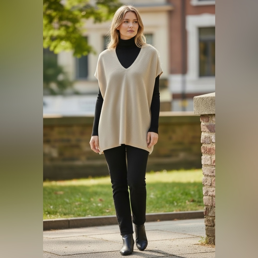 EILEEN FISHER Tan organic linen V-Neck Tunic Top, M